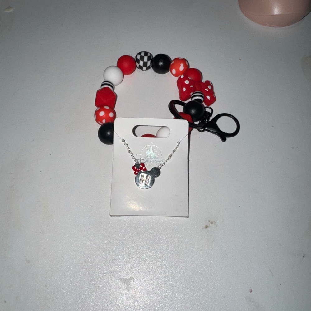 Disney Red and Black Beaded keychain with Mickey Pendant and necklace too